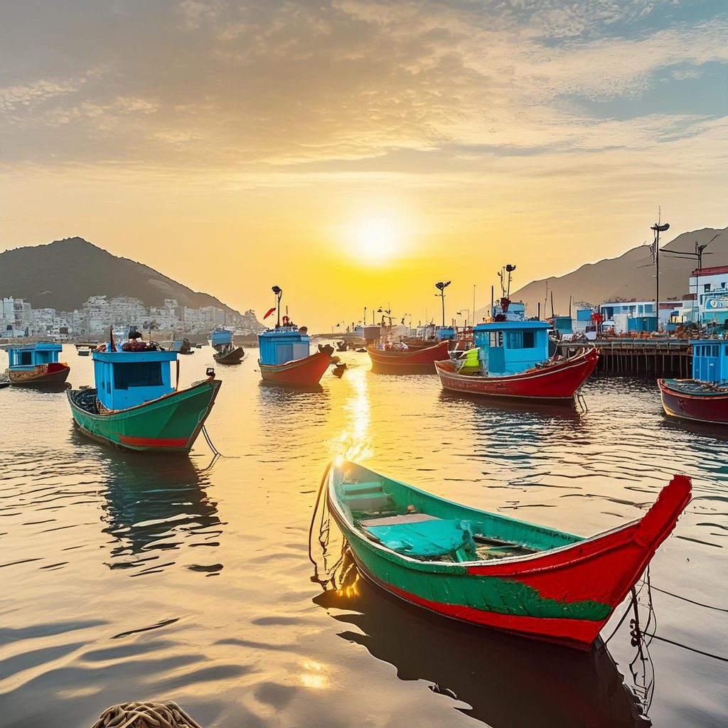 Vietnam fishing boats on sunset