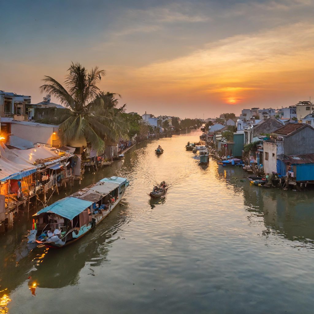 Vietnam Mekong Canal with houses and boats