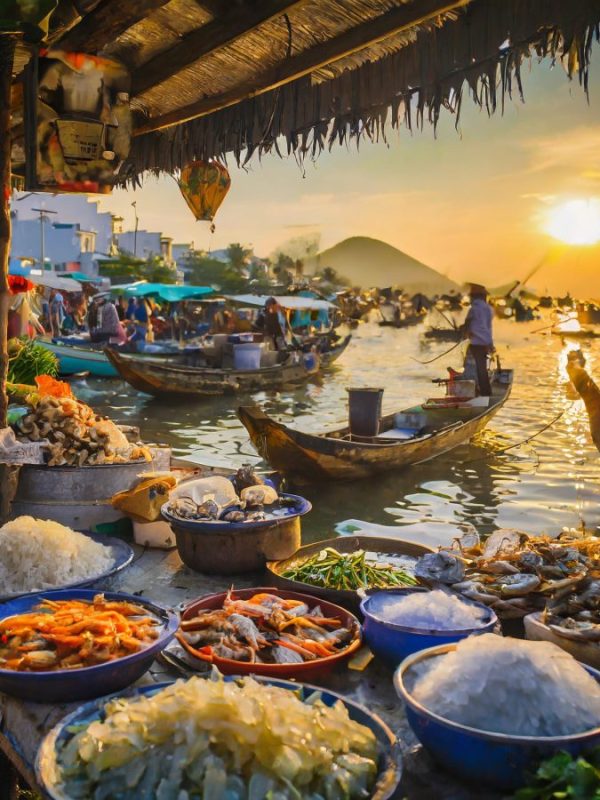 Vietnam market on river at sunset