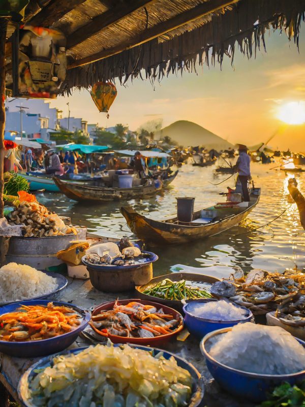 VN22 Vietnam market on river at sunset