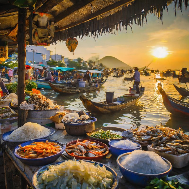 Vietnam market on river at sunset