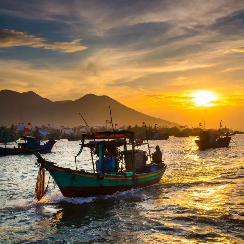 Vietnam fishing board returning to port at sunset