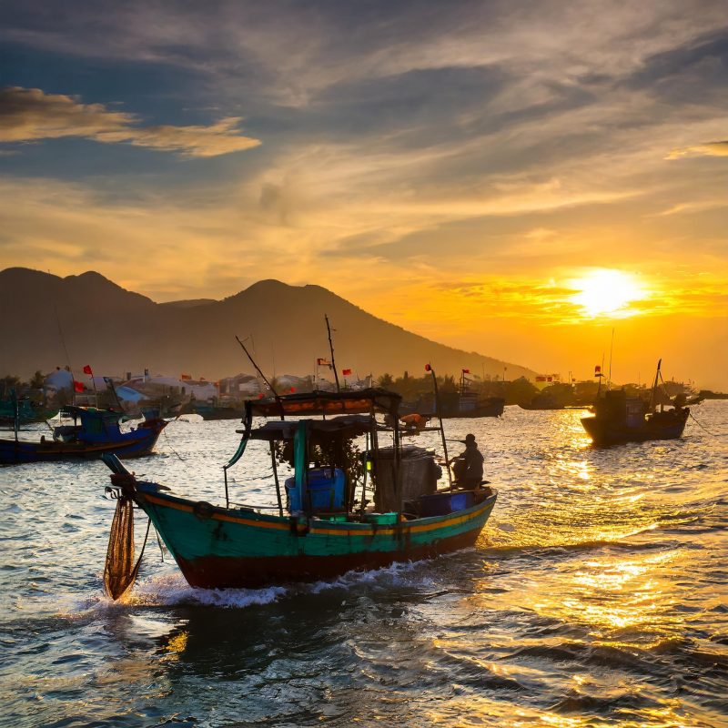 VN26 Vietnam fishing board returning to port at sunset