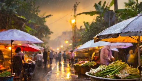 VN28 Vietnam street market raining at sunset